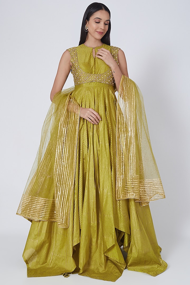 Lime Green Asymmetrical Anarkali Gown by MOLEDRO at Pernia's Pop Up Shop