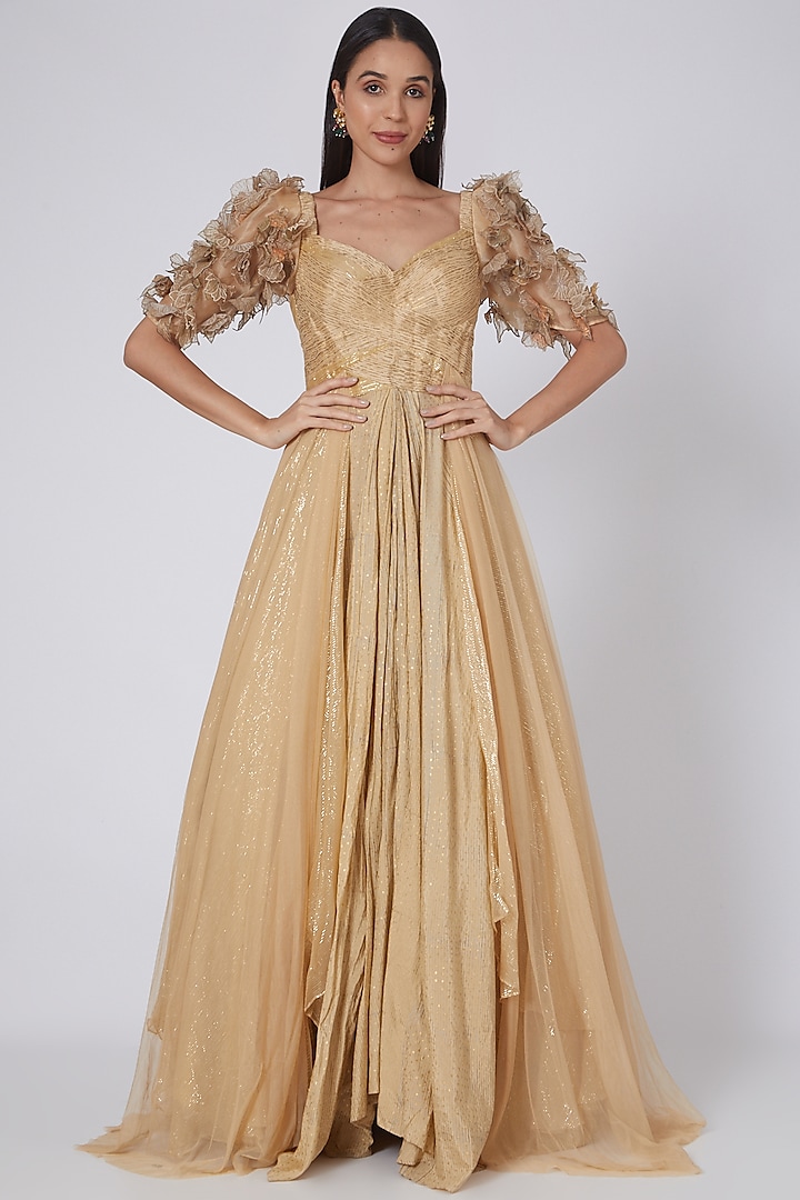 Wheat Beige Floral Embellished Gown by MOLEDRO