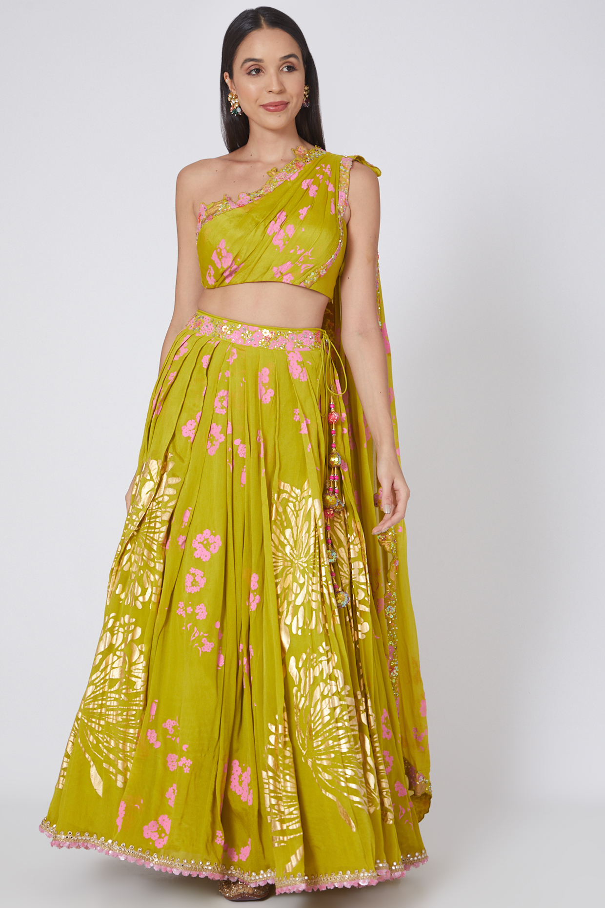 Lime Green Crepe Lehenga Set by MOLEDRO