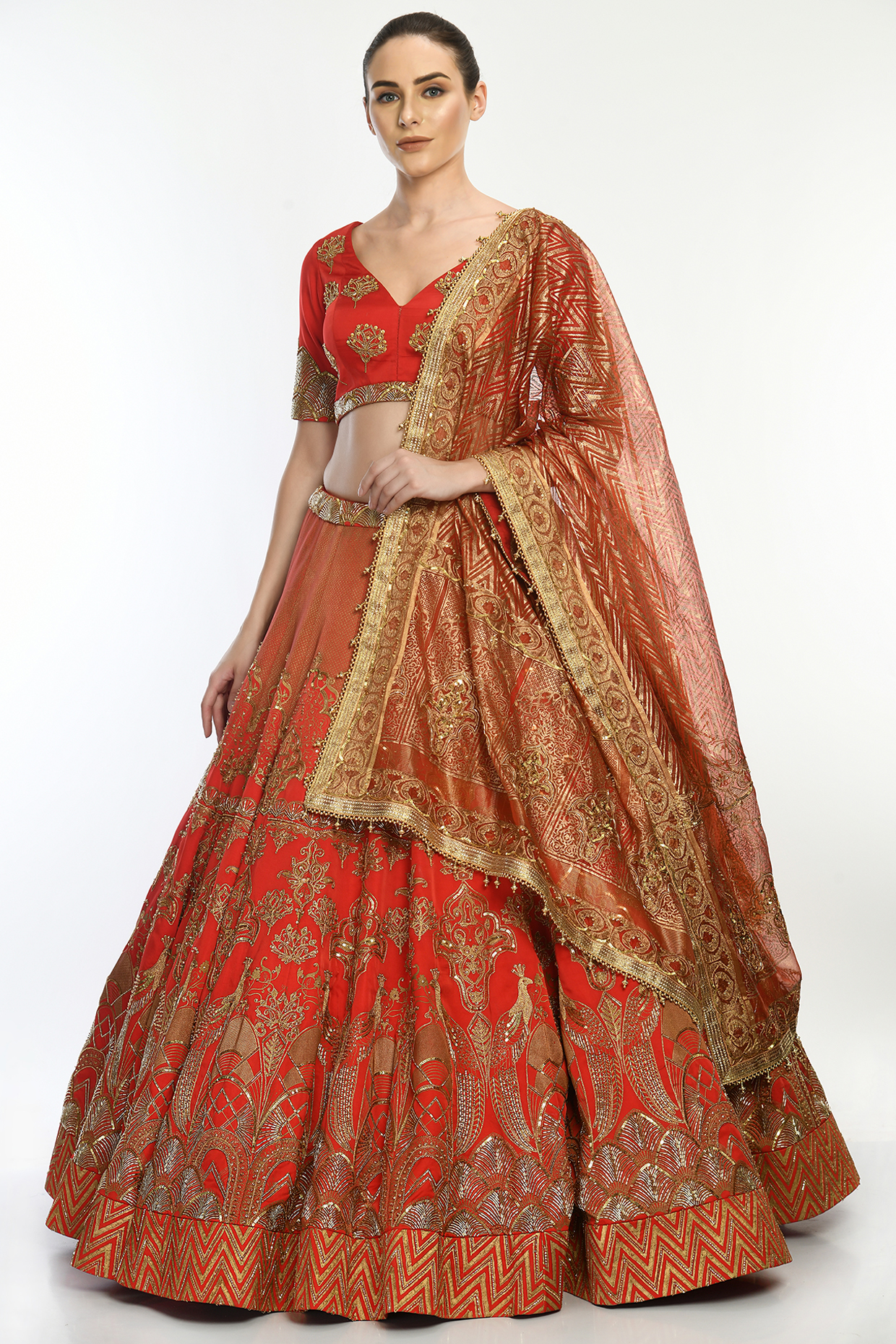 Red Embroidered Wedding Lehenga Set by Moledro at Pernia's Pop Up Shop