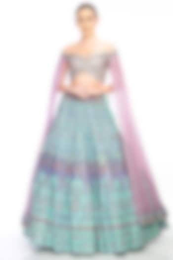 Aqua Embroidered Bridal Lehenga Set by Moledro at Pernia's Pop Up Shop