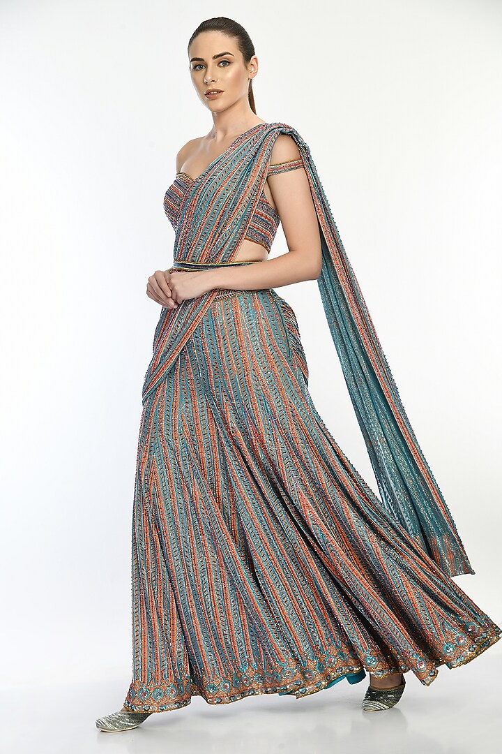 Blue Hand Embroidered Sharara Reception Saree Set by Moledro at Pernia's Pop Up Shop
