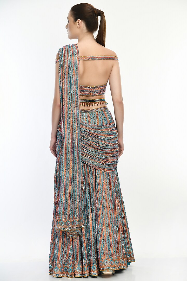 Blue Hand Embroidered Sharara Reception Saree Set by Moledro at Pernia's Pop Up Shop