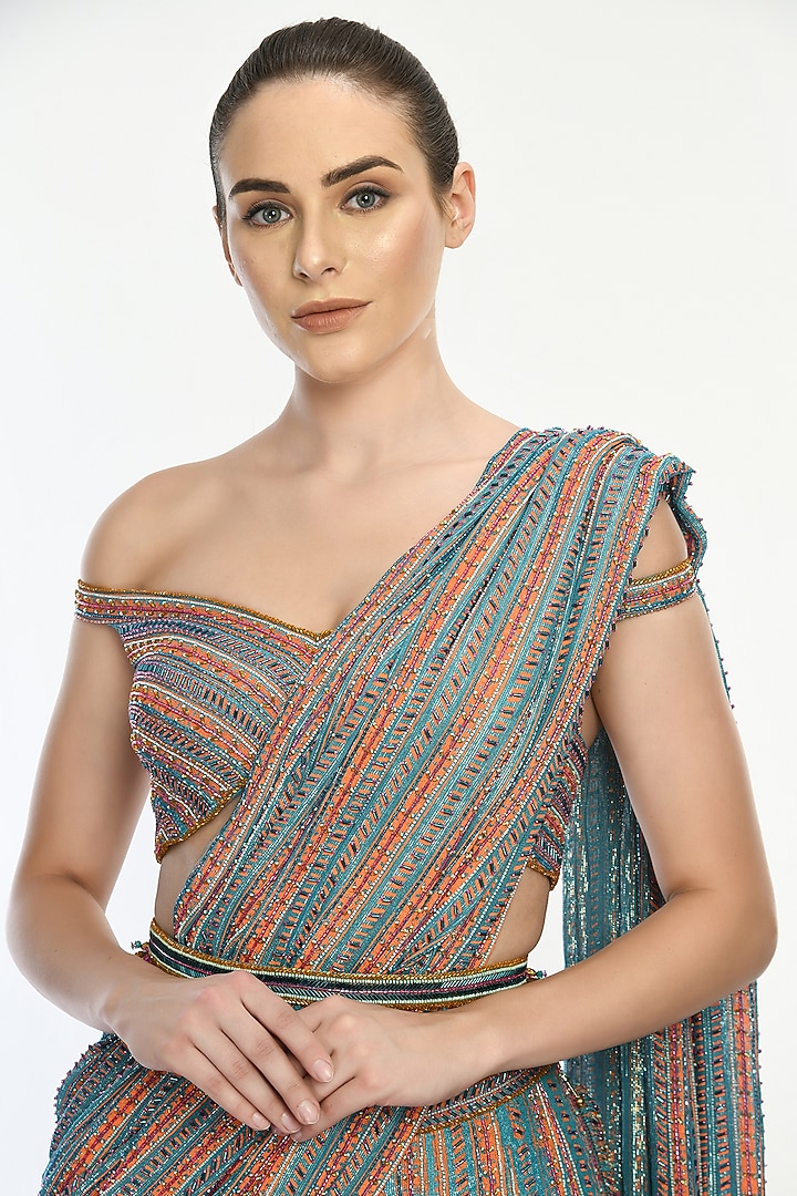 Blue Hand Embroidered Sharara Reception Saree Set by Moledro at Pernia's Pop Up Shop
