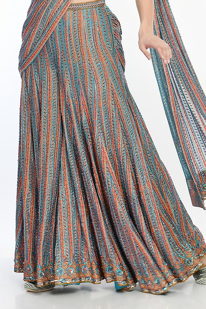Blue Hand Embroidered Sharara Reception Saree Set by Moledro at Pernia's Pop Up Shop