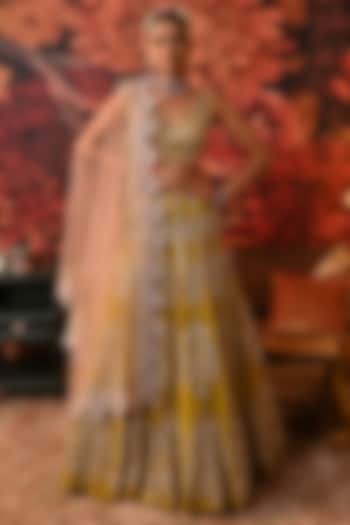 Lime Green Zari Brocade Printed & Embroidered Bridal Lehenga Set by MOLEDRO at Pernia's Pop Up Shop