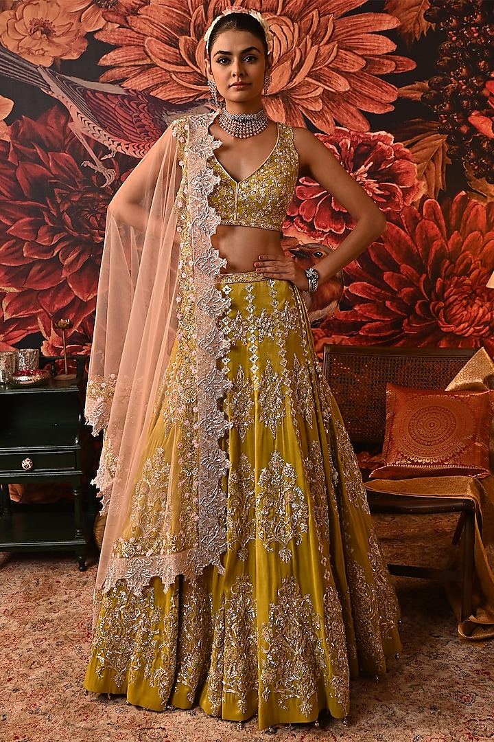 Lime Green Zari Brocade Printed & Embroidered Bridal Lehenga Set by MOLEDRO at Pernia's Pop Up Shop