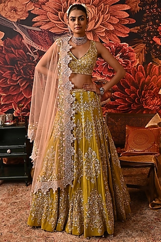 Lime Green Zari Brocade Printed & Embroidered Lehenga Set by MOLEDRO