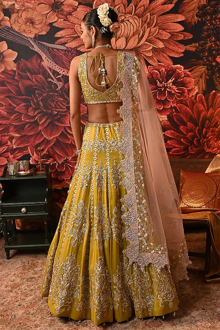 Lime Green Zari Brocade Printed & Embroidered Bridal Lehenga Set by MOLEDRO at Pernia's Pop Up Shop