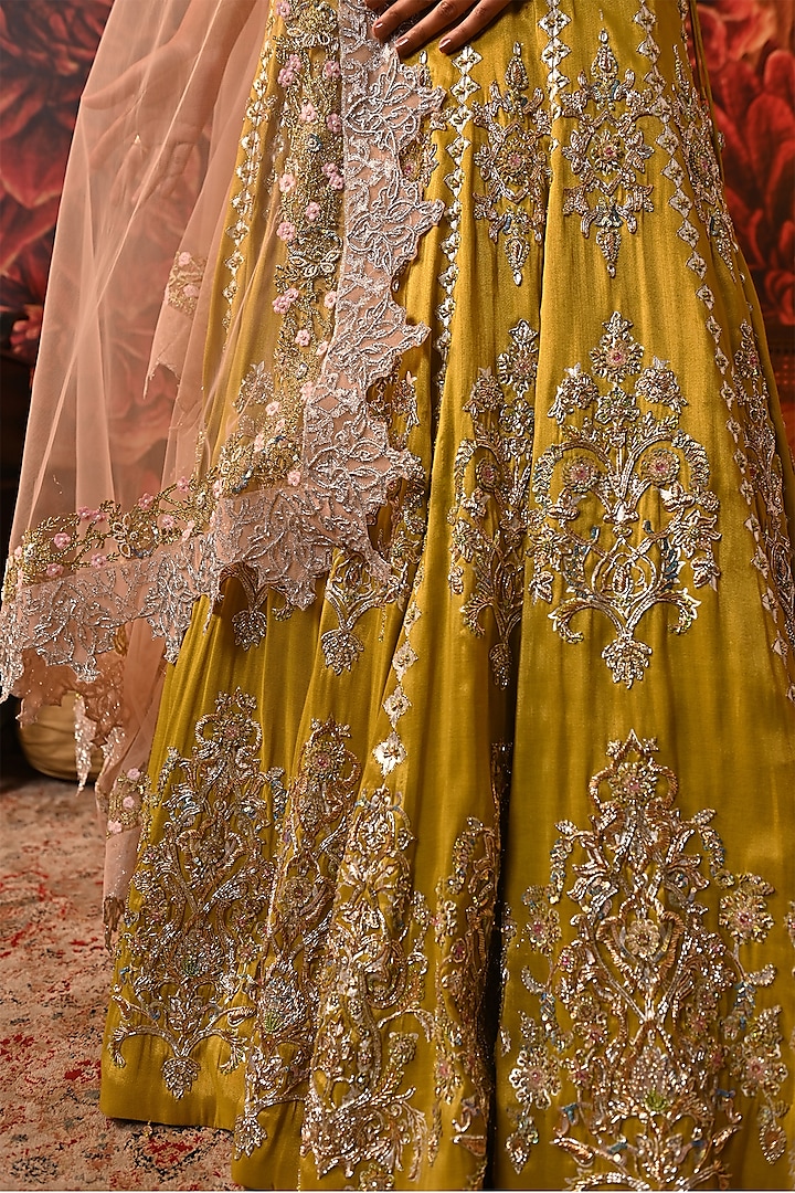 Lime Green Zari Brocade Printed & Embroidered Bridal Lehenga Set by MOLEDRO at Pernia's Pop Up Shop