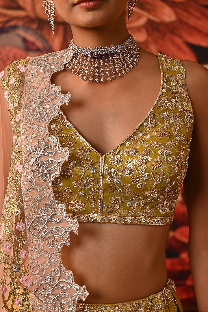 Lime Green Zari Brocade Printed & Embroidered Bridal Lehenga Set by MOLEDRO at Pernia's Pop Up Shop