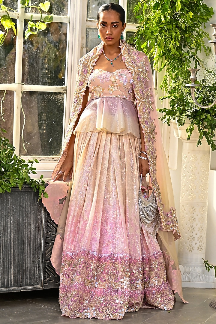 Pink Organza Embroidered Wedding Lehenga Set by Moledro at Pernia's Pop Up Shop