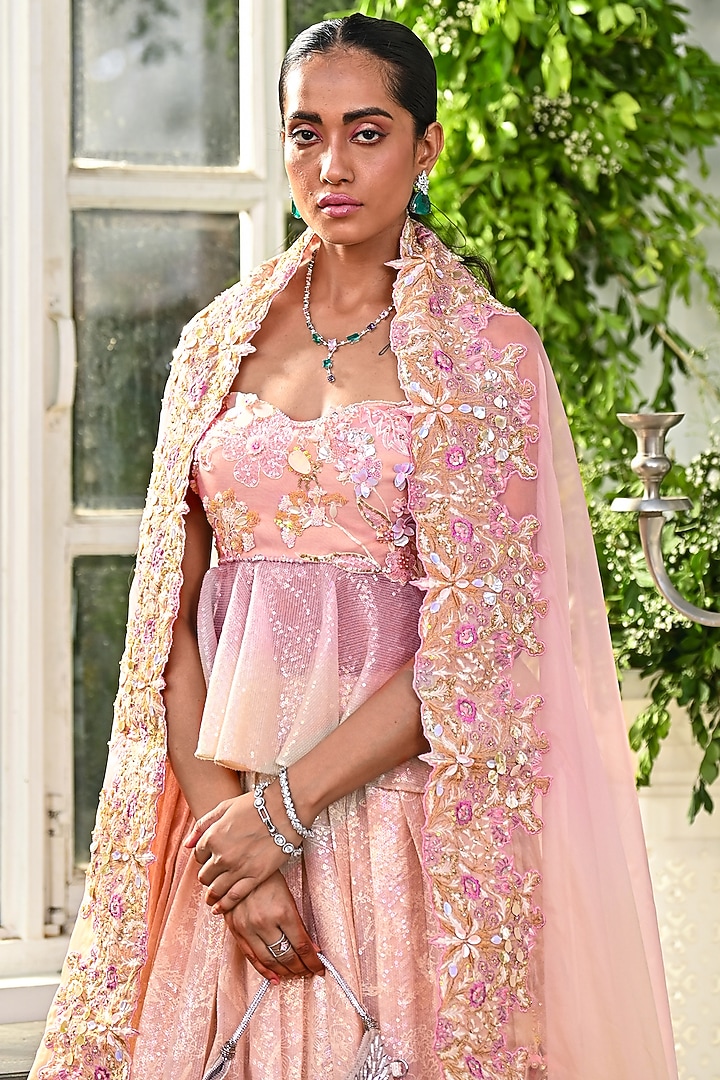 Pink Organza Embroidered Wedding Lehenga Set by Moledro at Pernia's Pop Up Shop