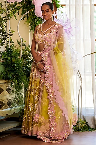 Yellow Organza Embroidered Lehenga Set by Moledro