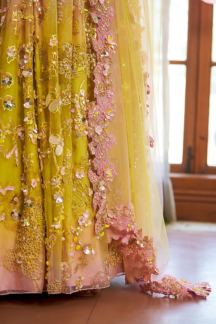 Yellow Organza Embroidered Wedding Lehenga Set by Moledro at Pernia's Pop Up Shop