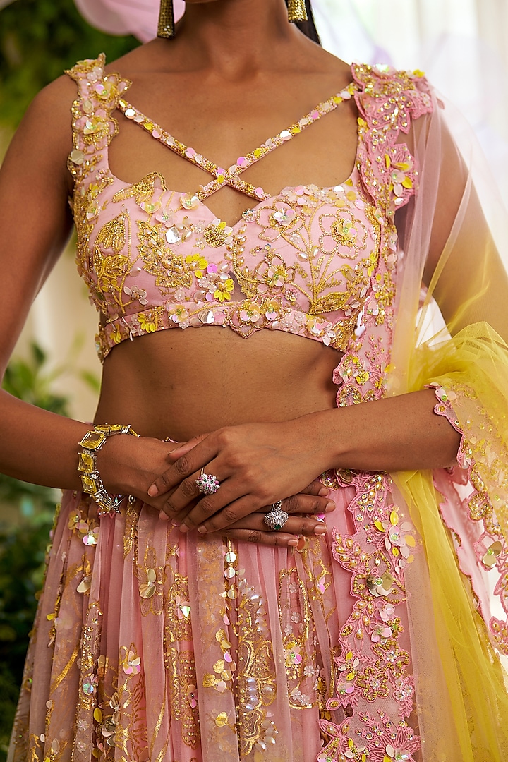 Yellow Organza Embroidered Wedding Lehenga Set by Moledro at Pernia's Pop Up Shop