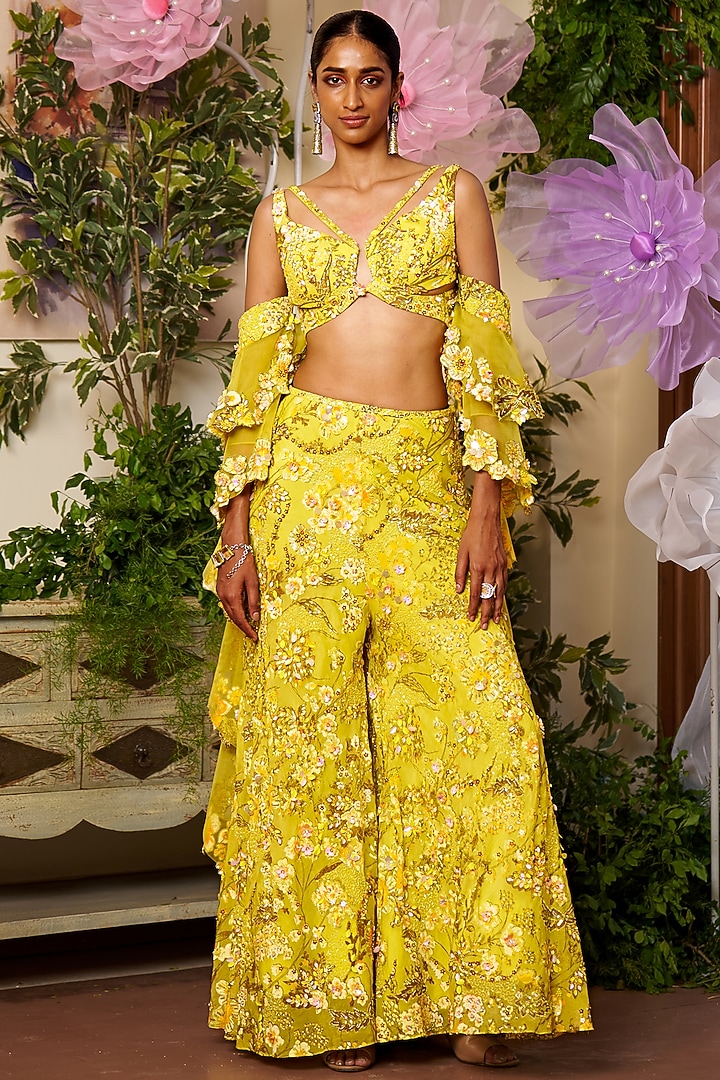 Neon Yellow Nylon Organza Embroidered Wedding Sharara Set by Moledro at Pernia's Pop Up Shop