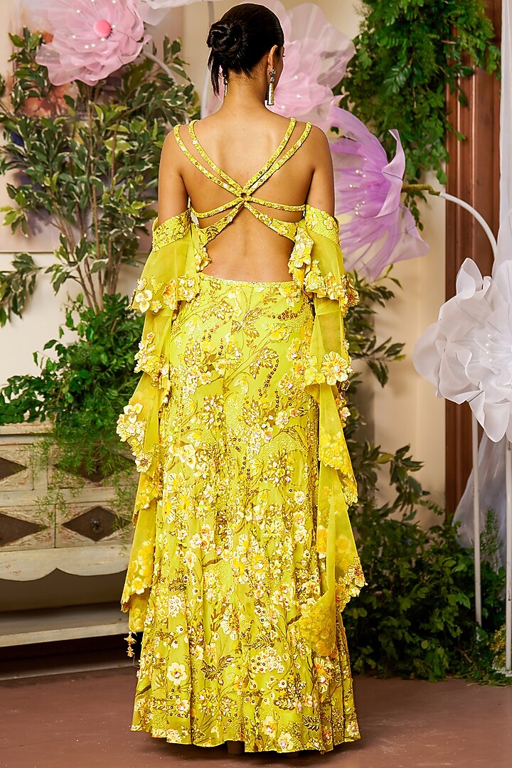 Neon Yellow Nylon Organza Embroidered Wedding Sharara Set by Moledro at Pernia's Pop Up Shop