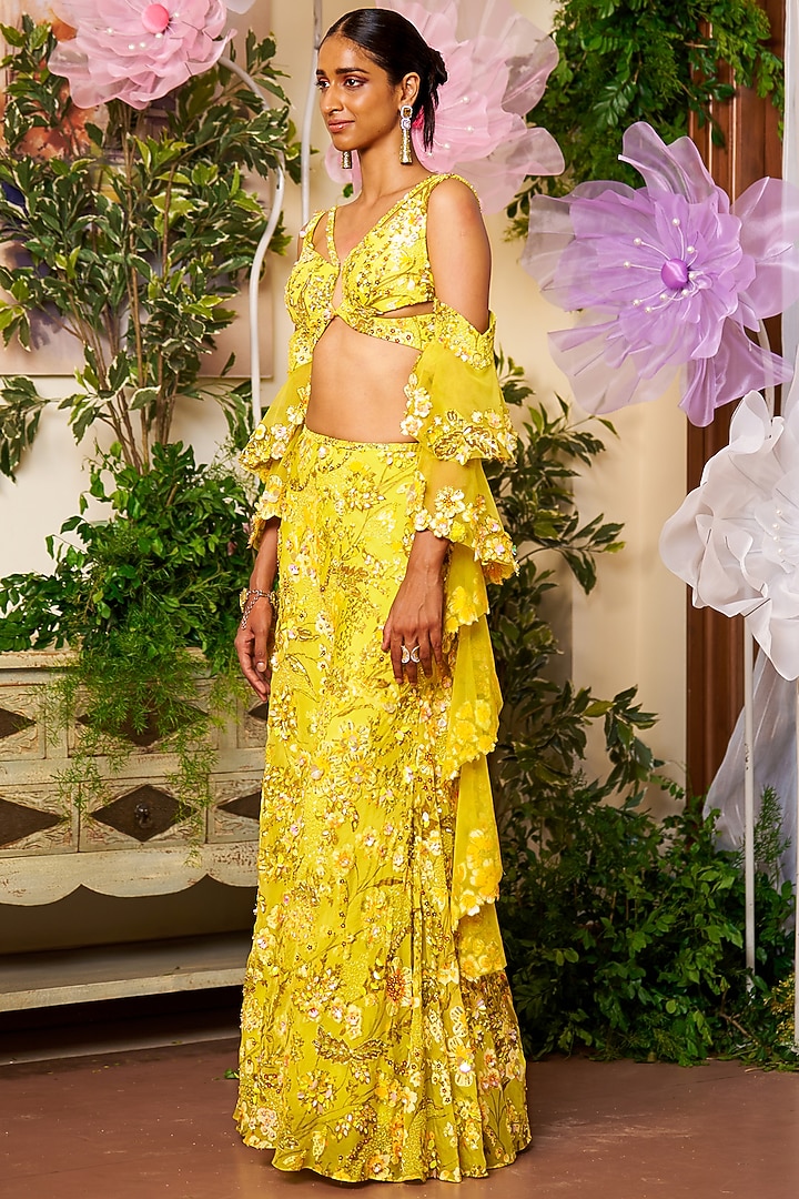Neon Yellow Nylon Organza Embroidered Wedding Sharara Set by Moledro at Pernia's Pop Up Shop