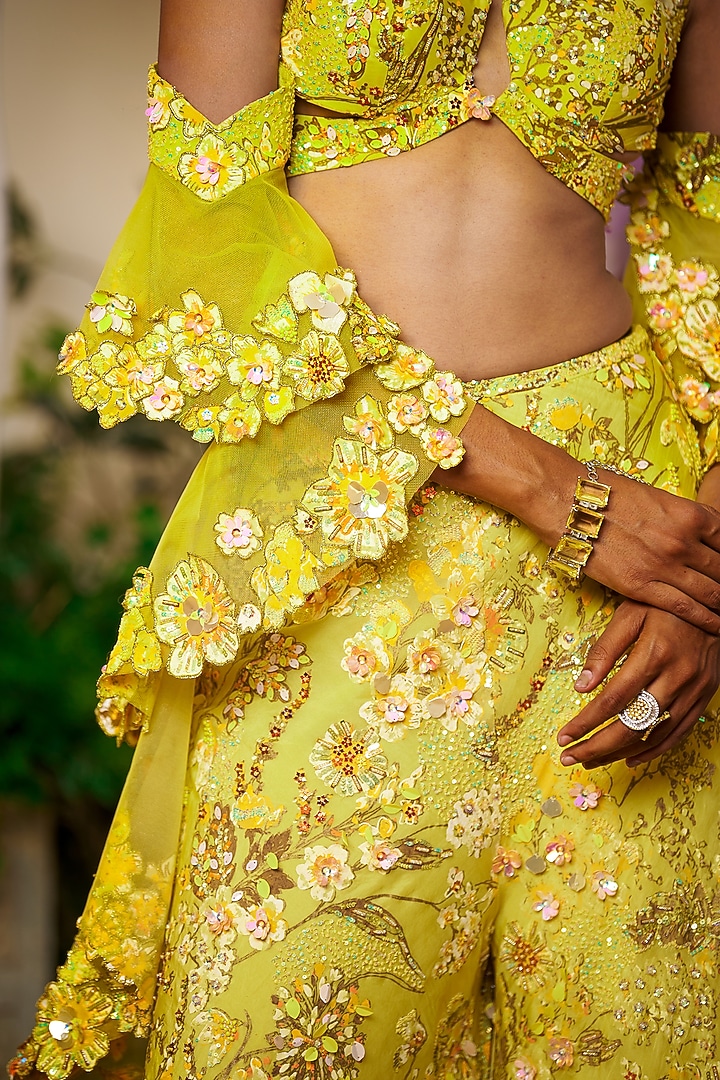 Neon Yellow Nylon Organza Embroidered Wedding Sharara Set by Moledro at Pernia's Pop Up Shop