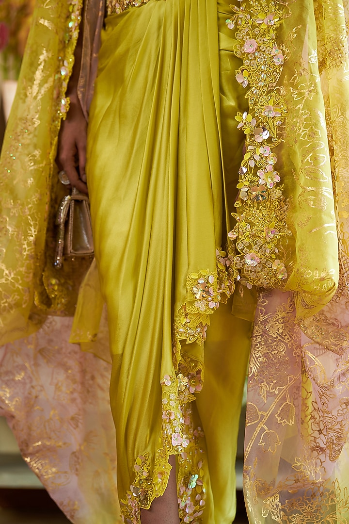 Neon Green Organza Cutwork Embroidered Cape Set by Moledro at Pernia's Pop Up Shop