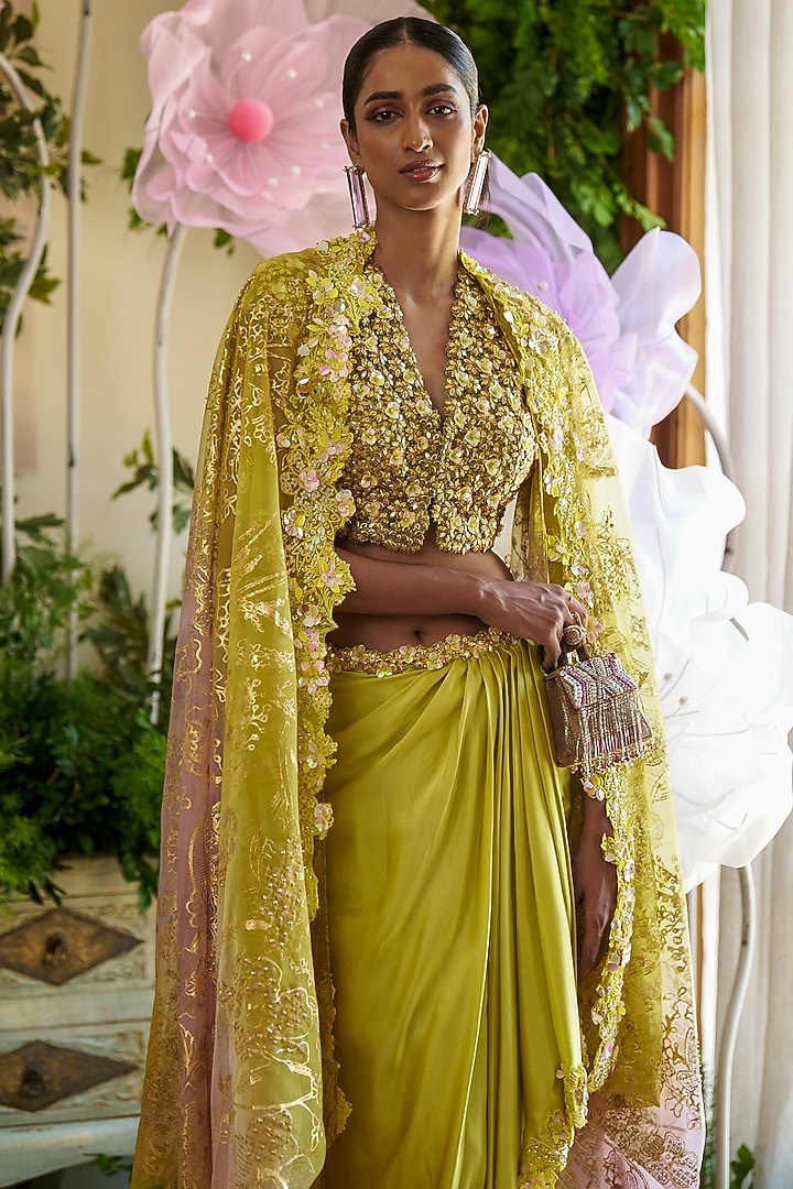 Neon Green Organza Cutwork Embroidered Cape Set by Moledro at Pernia's Pop Up Shop
