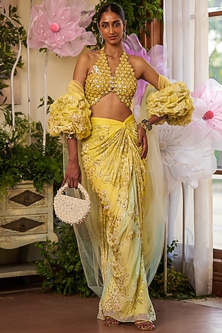 Yellow Nylon Organza Draped Skirt Set by Moledro