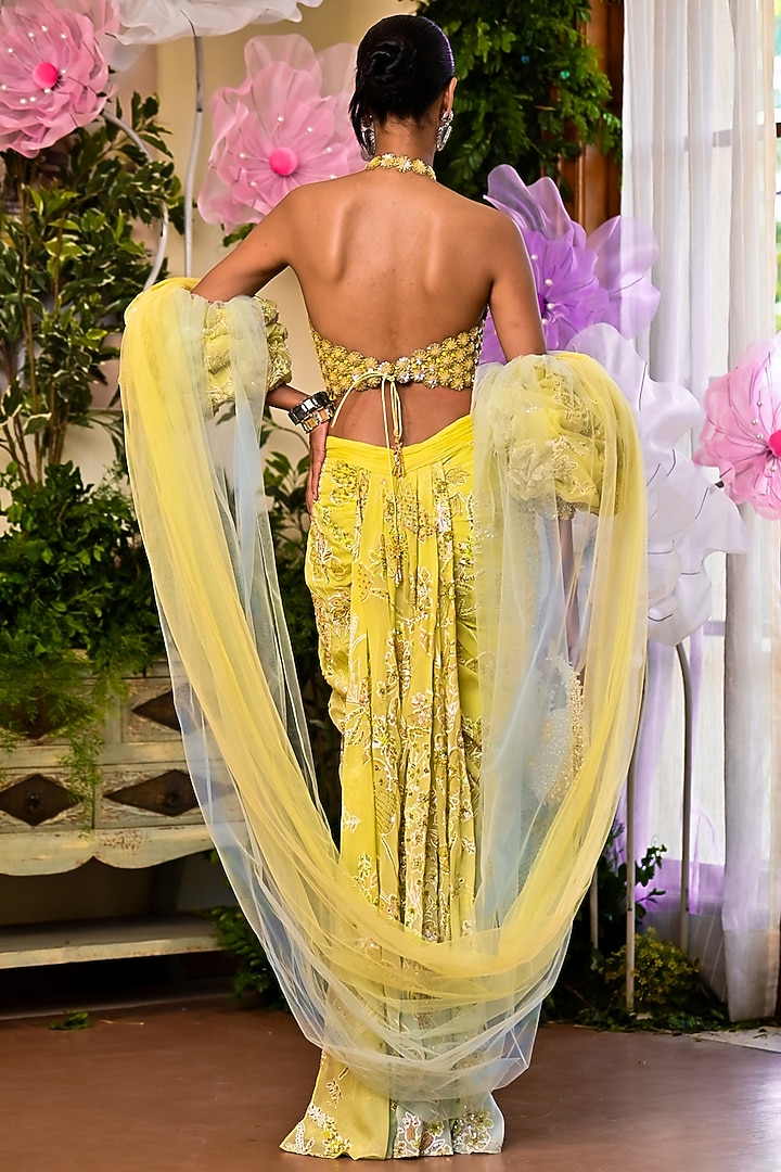 Yellow Nylon Organza Draped Skirt Set by Moledro at Pernia's Pop Up Shop