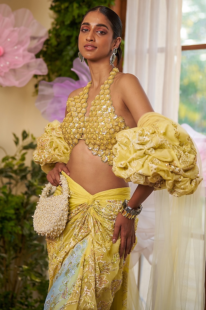 Yellow Nylon Organza Draped Skirt Set by Moledro at Pernia's Pop Up Shop