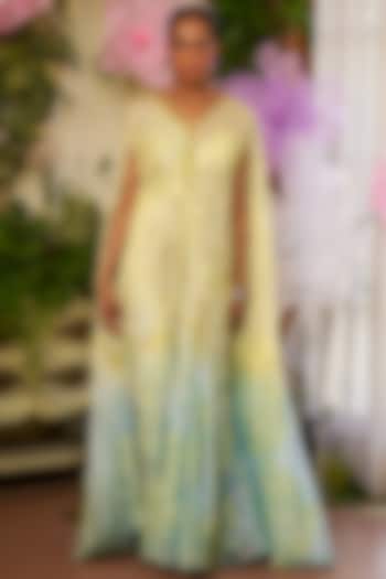 Yellow & Aqua Nylon Organza Embroidered Kaftan Set by Moledro at Pernia's Pop Up Shop