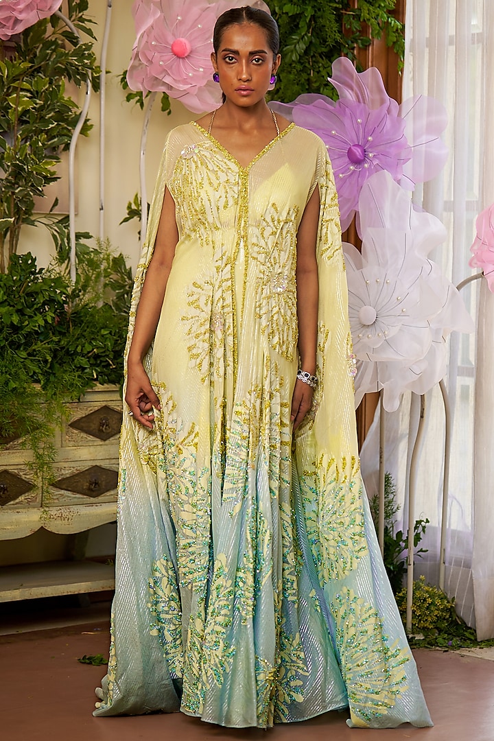 Yellow & Aqua Nylon Organza Embroidered Kaftan Set by Moledro at Pernia's Pop Up Shop