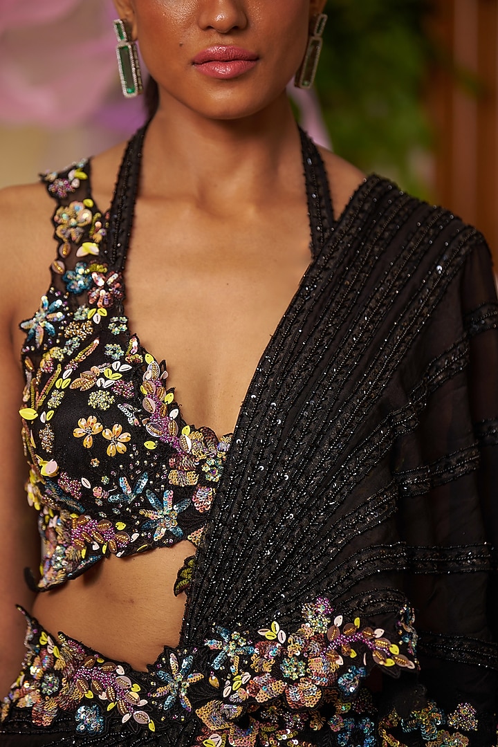 Black Butterfly Net & Modal Silk Satin Embroidered Draped Wedding Saree Set by Moledro at Pernia's Pop Up Shop