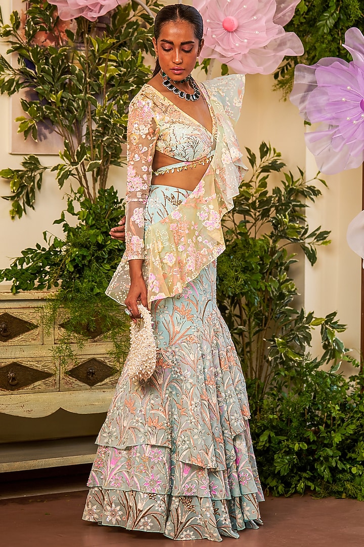 Blue Nylon Organza Printed Draped Skirt Wedding Saree Set by Moledro at Pernia's Pop Up Shop