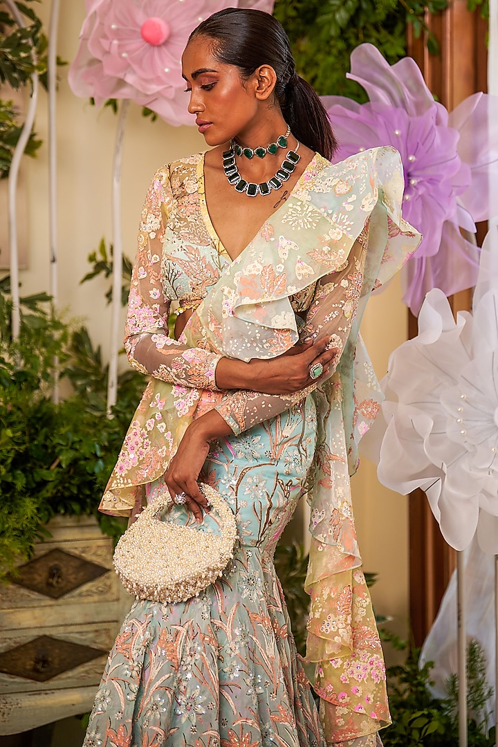 Blue Nylon Organza Printed Draped Skirt Wedding Saree Set by Moledro at Pernia's Pop Up Shop