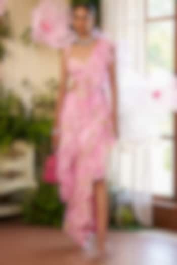 Neon Pink Organza & Modal Silk Satin Draped Reception Saree Set by Moledro at Pernia's Pop Up Shop