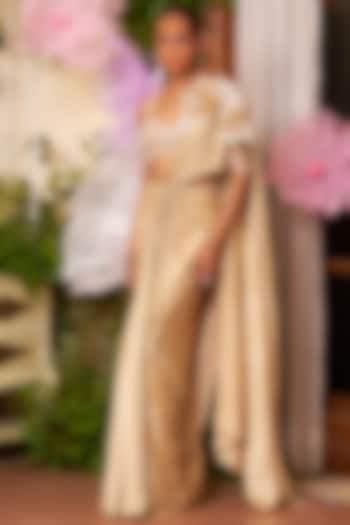 Gold Organza & Modal Silk Satin Embroidered Pre-Draped Reception Saree Set by Moledro at Pernia's Pop Up Shop