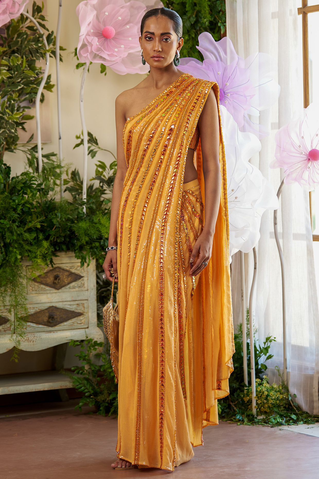 Orange Sequinned & Butterfly Net Draped Saree Set by Moledro at Pernia's Pop Up Shop