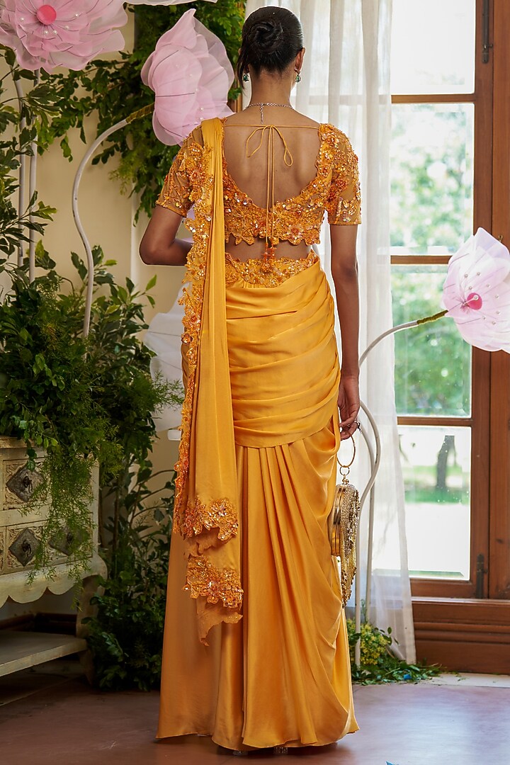 Orange Modal Silk Satin & Butterfly Net Pre-Draped Wedding Saree Set by Moledro at Pernia's Pop Up Shop
