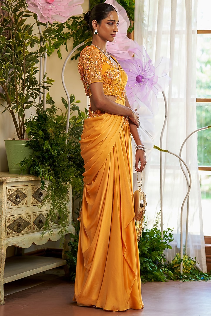 Orange Modal Silk Satin & Butterfly Net Pre-Draped Wedding Saree Set by Moledro at Pernia's Pop Up Shop