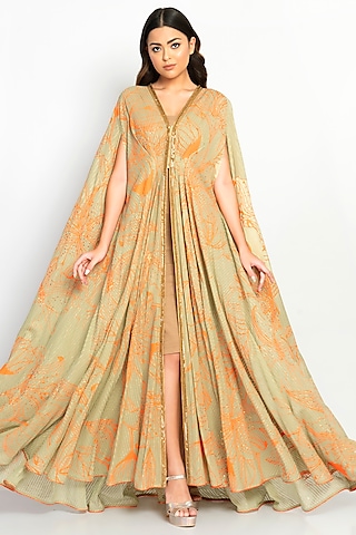 Beige & Orange Printed Kaftan by Moledro