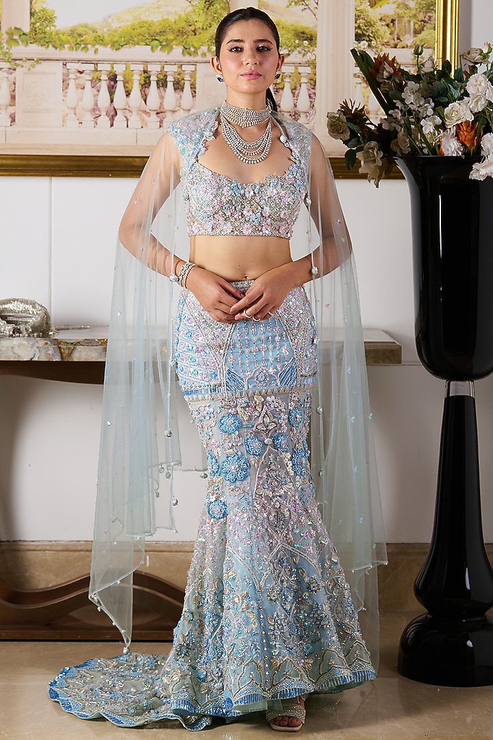 Blue Viscose Organza Floral Hand Embroidered Mermaid Bridal Lehenga Set by Moledro at Pernia's Pop Up Shop