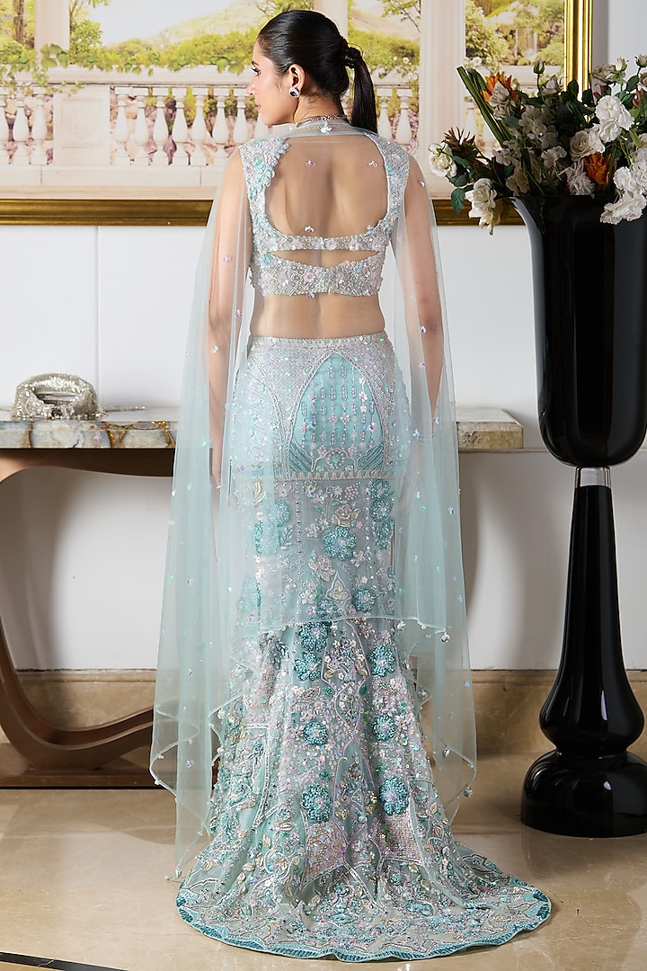 Blue Viscose Organza Floral Hand Embroidered Mermaid Bridal Lehenga Set by Moledro at Pernia's Pop Up Shop