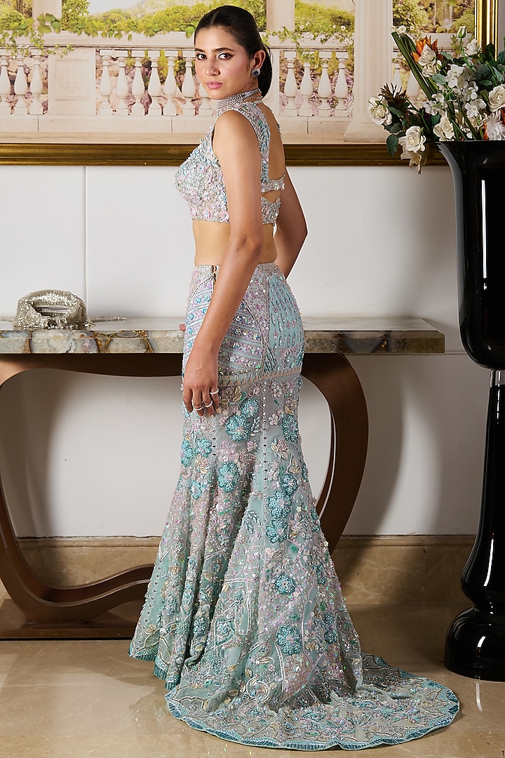 Blue Viscose Organza Floral Hand Embroidered Mermaid Bridal Lehenga Set by Moledro at Pernia's Pop Up Shop