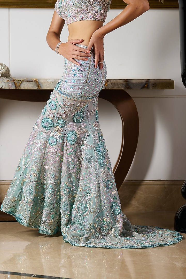 Blue Viscose Organza Floral Hand Embroidered Mermaid Bridal Lehenga Set by Moledro at Pernia's Pop Up Shop