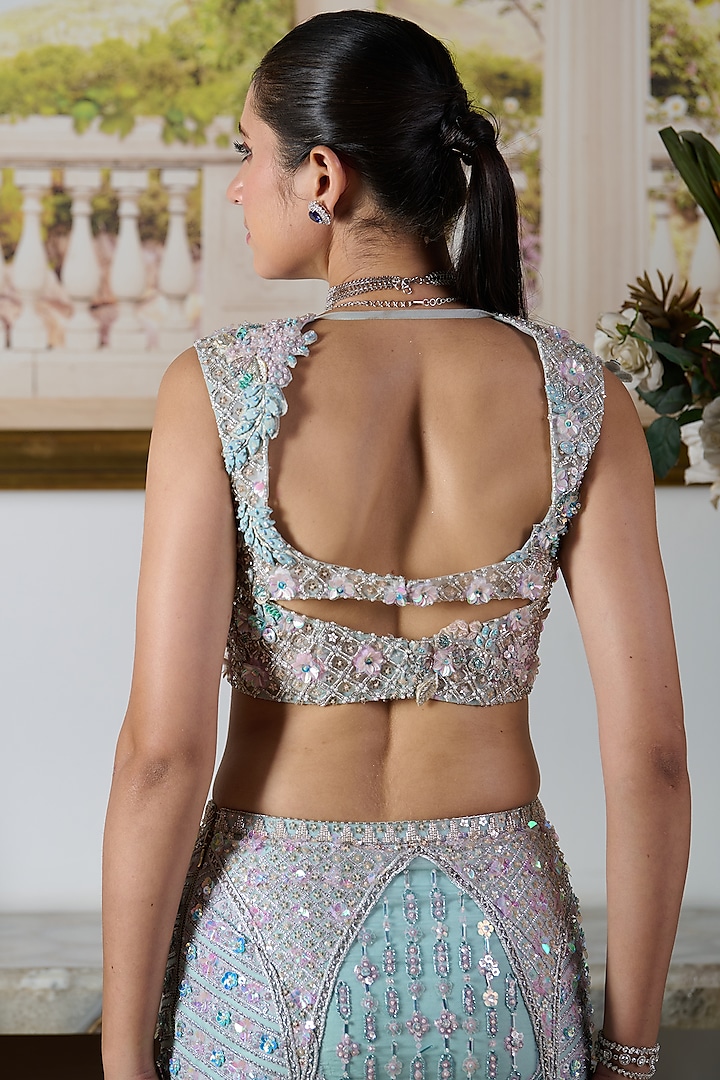 Blue Viscose Organza Floral Hand Embroidered Mermaid Bridal Lehenga Set by Moledro at Pernia's Pop Up Shop