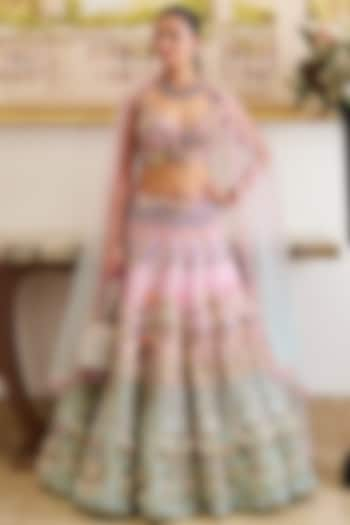 Pastel Pink & Blue Viscose Organza Floral Embroidered Bridal Lehenga Set by Moledro at Pernia's Pop Up Shop