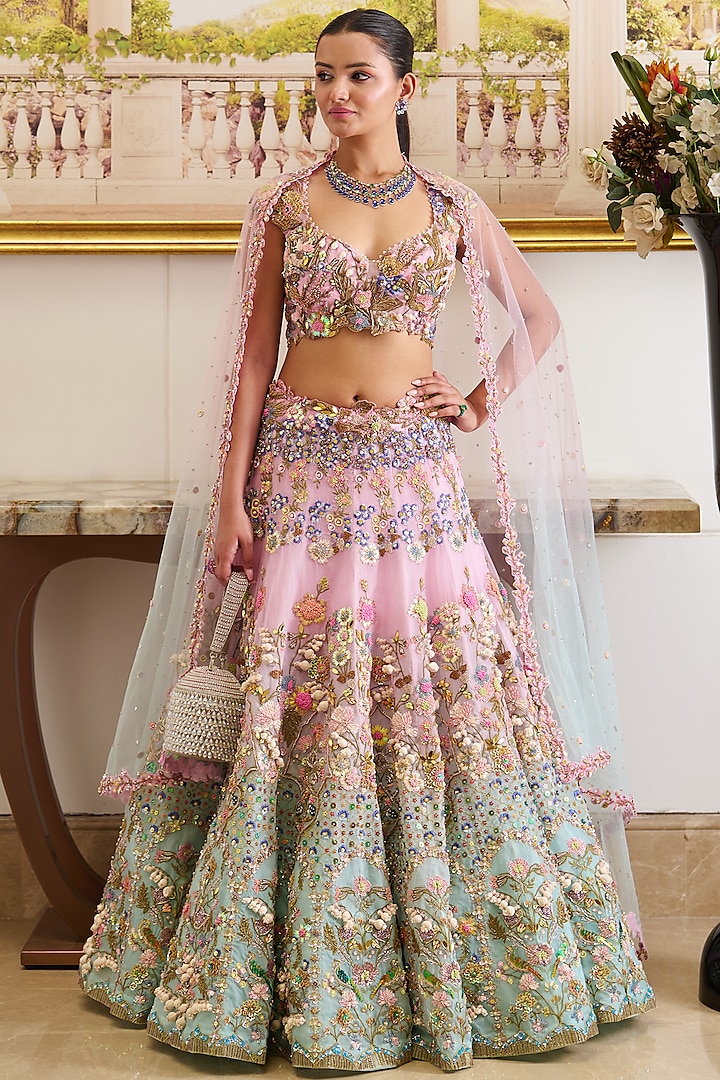 Pastel Pink & Blue Viscose Organza Floral Embroidered Bridal Lehenga Set by Moledro at Pernia's Pop Up Shop