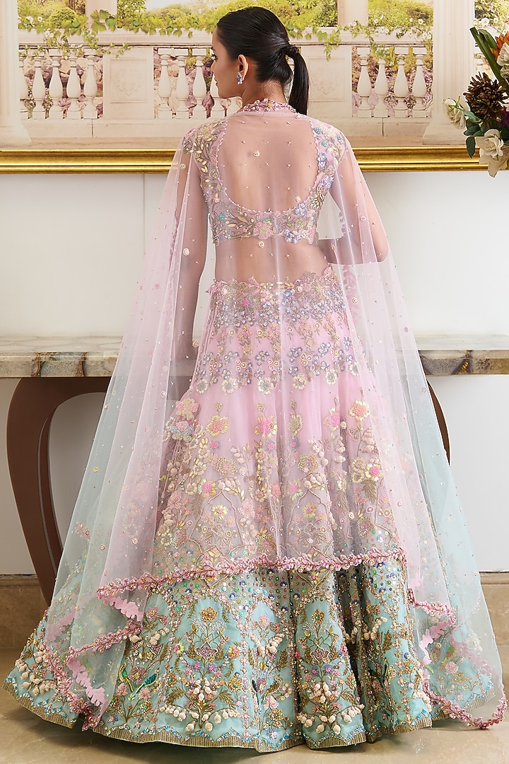 Pastel Pink & Blue Viscose Organza Floral Embroidered Bridal Lehenga Set by Moledro at Pernia's Pop Up Shop