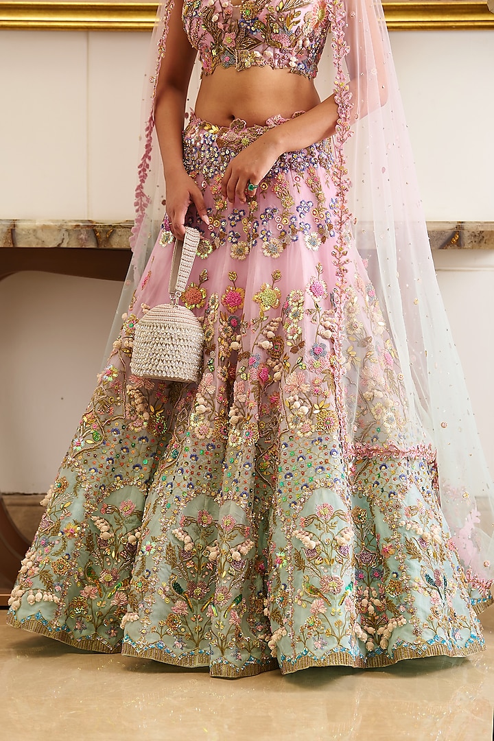 Pastel Pink & Blue Viscose Organza Floral Embroidered Bridal Lehenga Set by Moledro at Pernia's Pop Up Shop