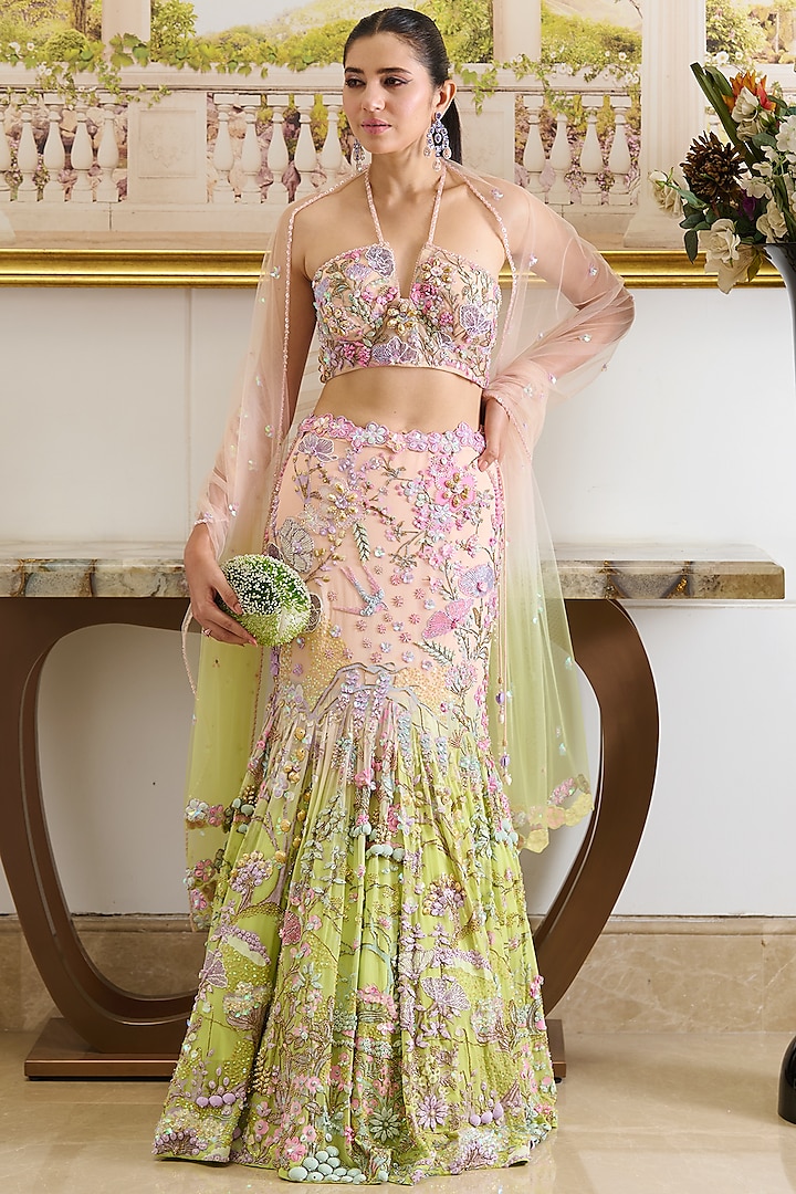 Pastel Pink & Green Viscose Georgette Beads Embroidered Ombre Mermaid Bridal Lehenga Set by Moledro at Pernia's Pop Up Shop